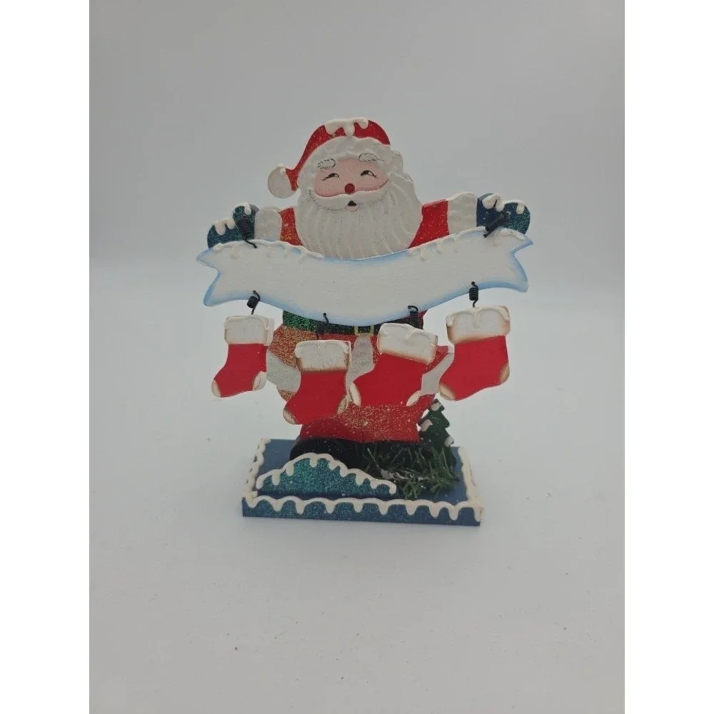 PERSONALIZE WOODEN SANTA WITH BANNER & 4 HANGING STOCKINGS 9 1/2